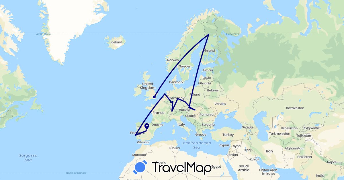 TravelMap itinerary: driving in Austria, Switzerland, Czech Republic, Germany, Spain, Finland, United Kingdom, Hungary, Netherlands, Portugal, Slovakia (Europe)